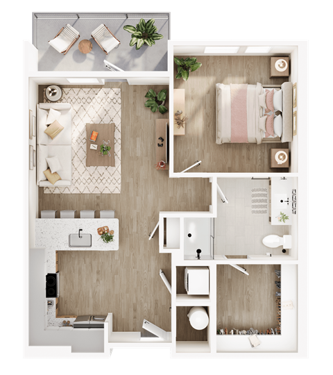 A detailed floor plan of a modern apartment with a living room, kitchen, and bathroom.